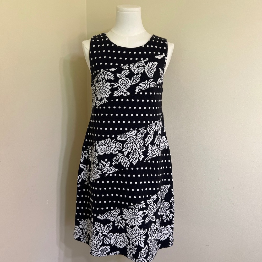 Maeve Anthropologie Black White Floral Polka Dot Mixed Media Sheath Dress Small